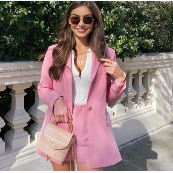 ZARA Blogger Fav Pink Printed Valentine’s Cuff Linen Blend Blazer Jacket… - Picture 1 of 13